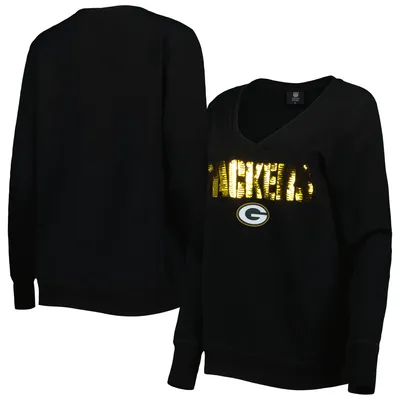 Green Bay Packers Cuce Women's Sequin Logo V-Neck Pullover Sweatshirt - Black