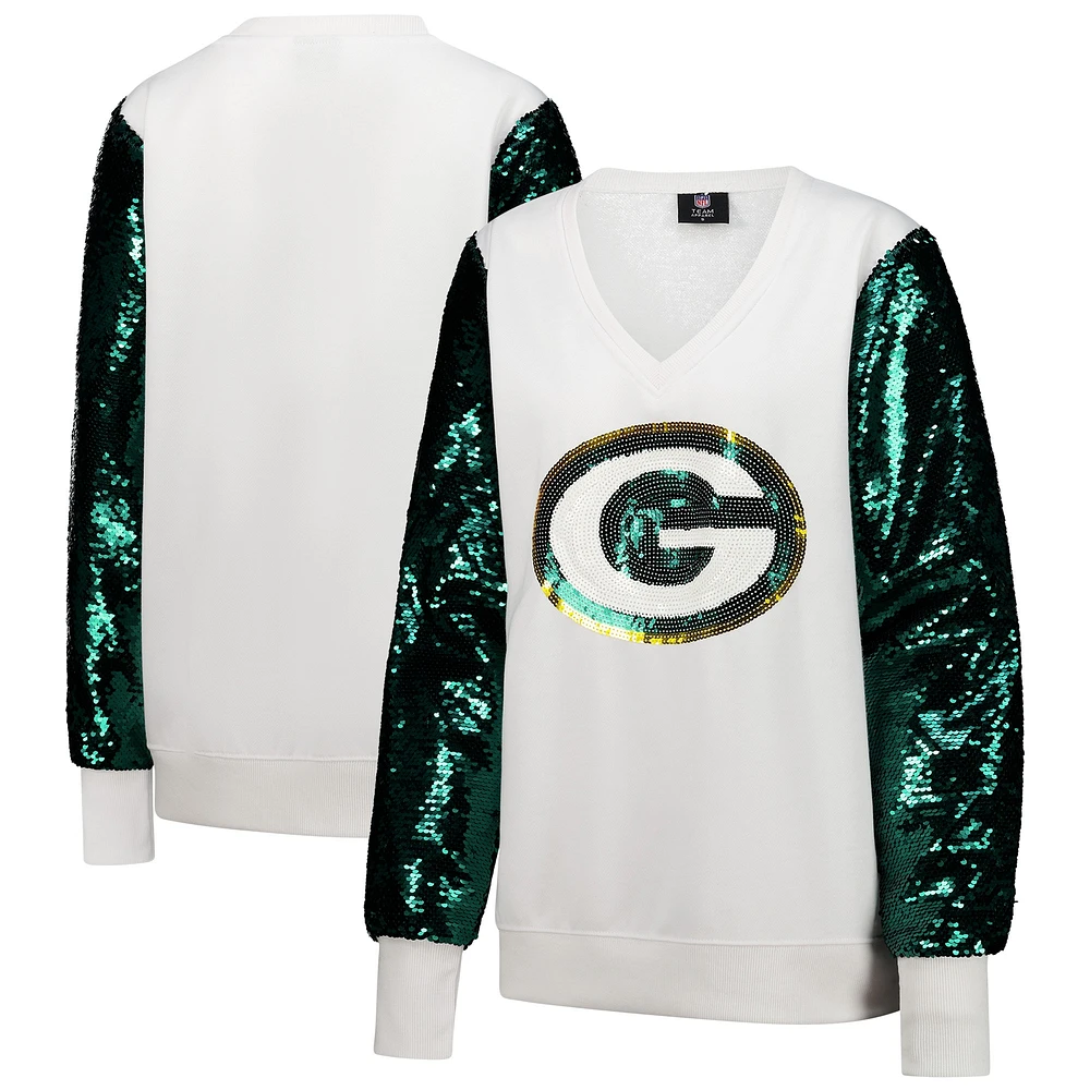 Sweat-shirt à col en V et manches paillettes Cuce White Green Bay Packers pour femme