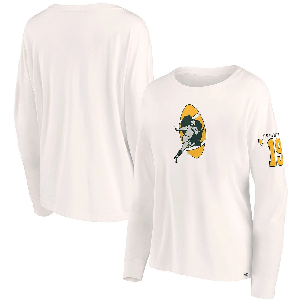 Women's Fanatics Cream Green Bay Packers Game Date Oversized Cropped Lightweight Long Sleeve Tee