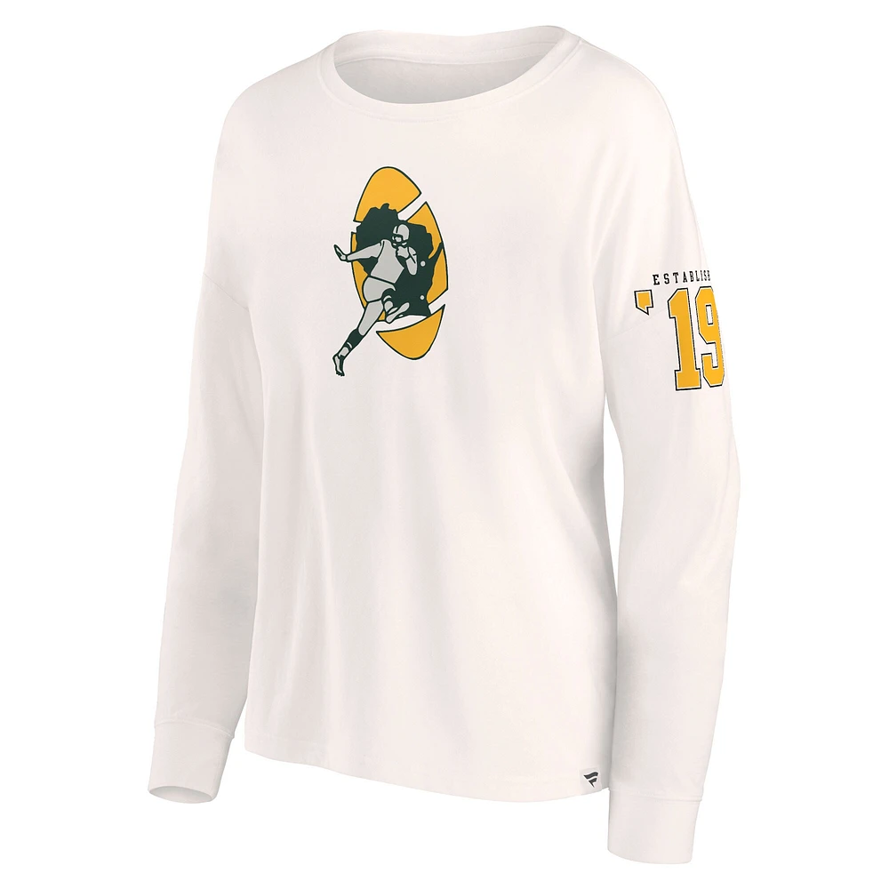 Women's Fanatics Cream Green Bay Packers Game Date Oversized Cropped Lightweight Long Sleeve Tee