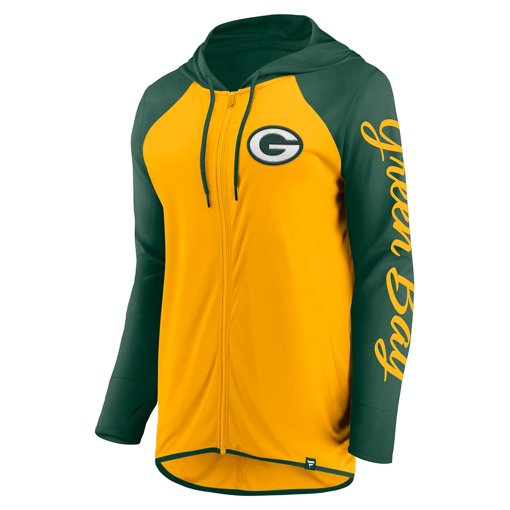 Sweat à capuche zippé complet avec inscription Green Bay Packers Gold/Green Fanatics pour femme