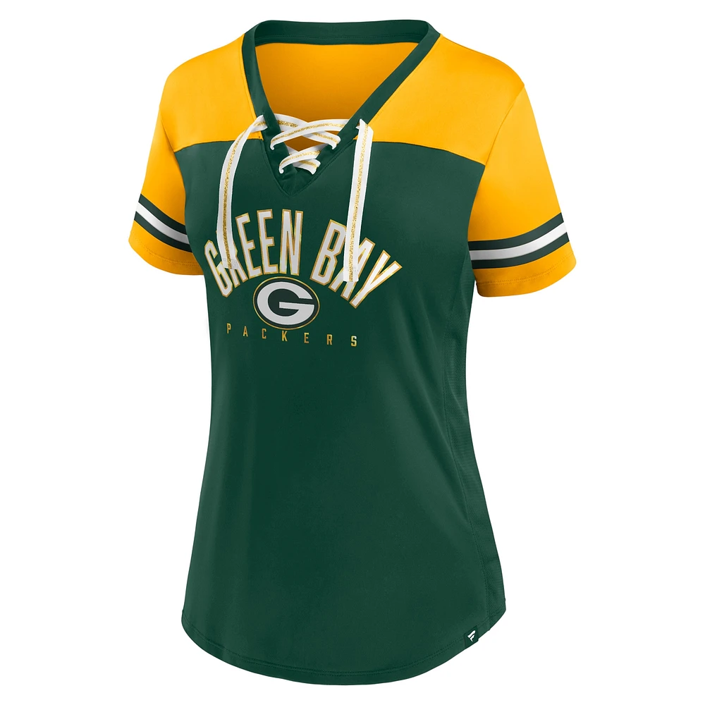 Women's Fanatics Green/Gold Green Bay Packers Blitz & Glam Lace-Up V-Neck Jersey T-Shirt