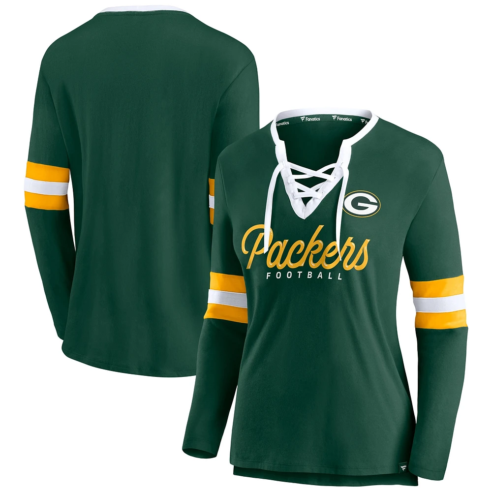 Women's Fanatics Green Bay Packers Block Party Team Script Lace-Up Long Sleeve T-Shirt