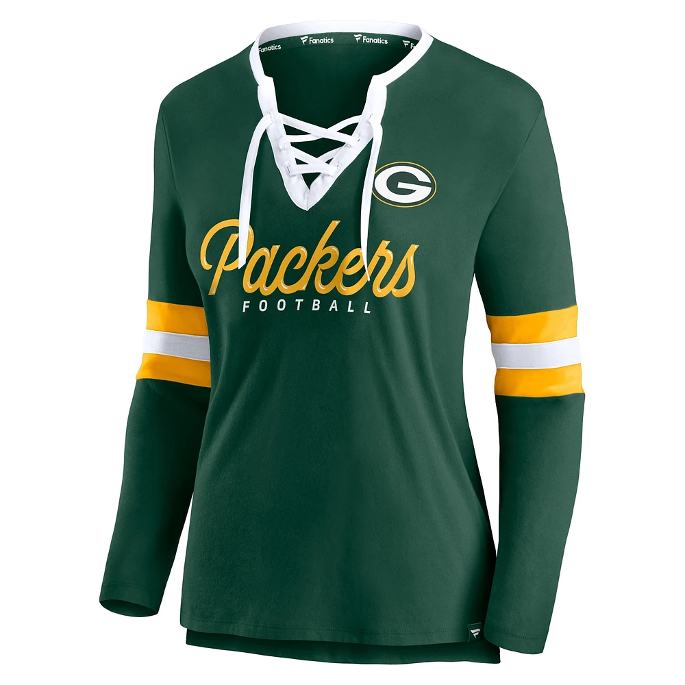 Women's Fanatics Green Bay Packers Block Party Team Script Lace-Up Long Sleeve T-Shirt