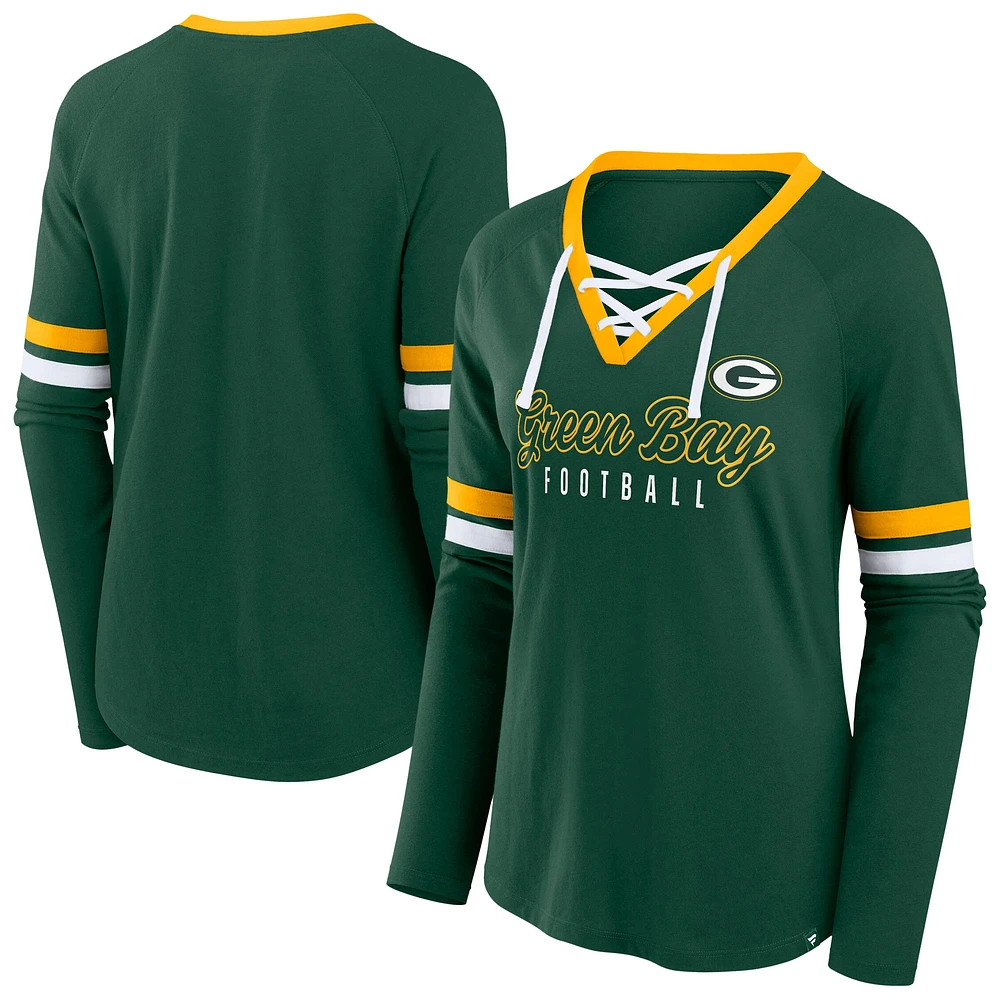 T-shirt à manches longues et col en V lacets pour femmes Fanatics Green Bay Packers grande taille Won & Done