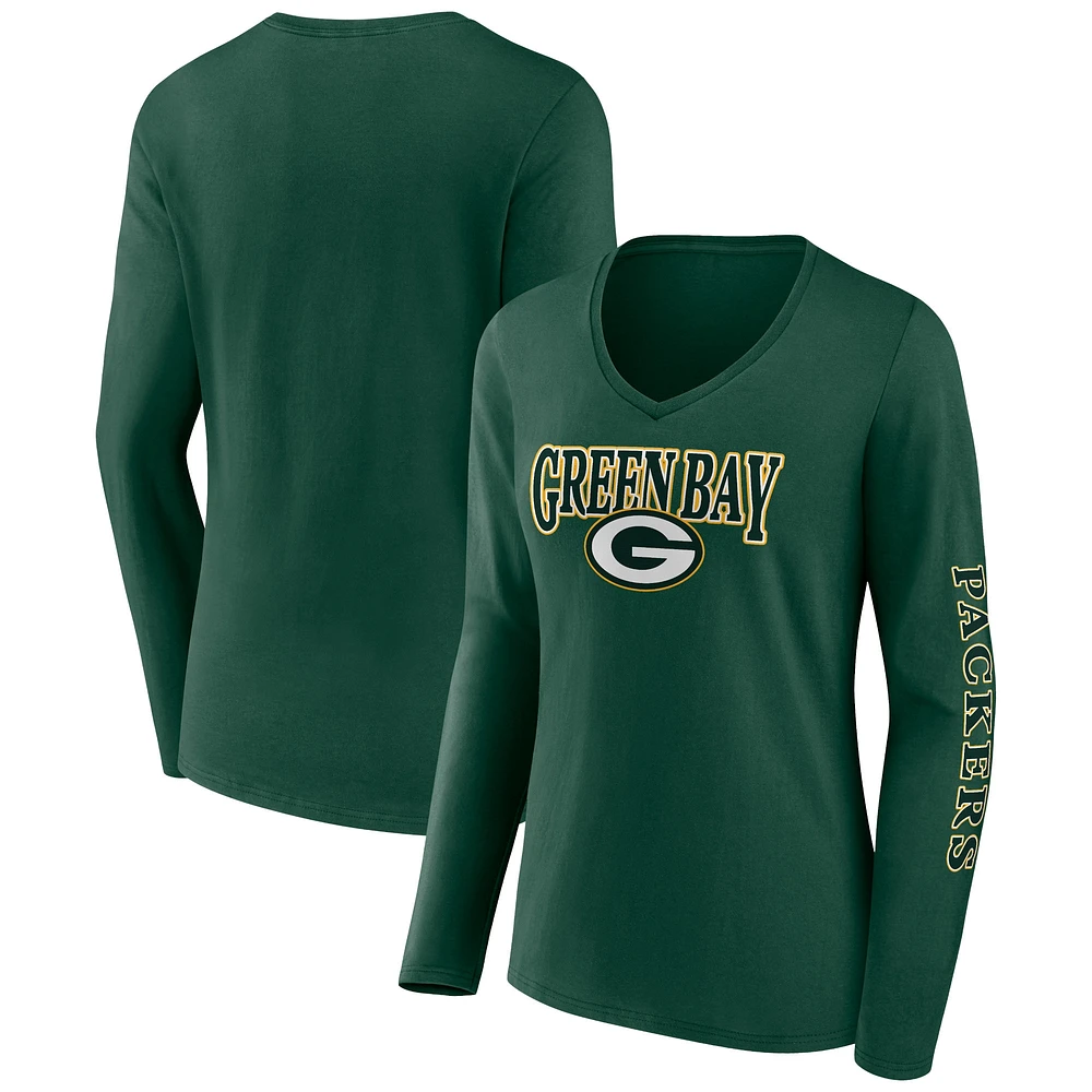 Women's Fanatics Green Bay Packers Wordmark Long Sleeve V-Neck T-Shirt