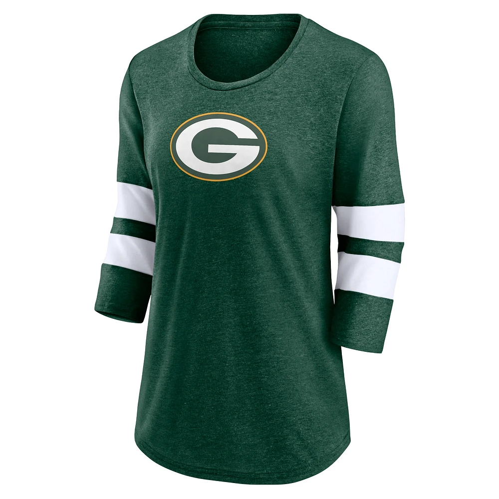 Women's Fanatics Heathered Green Bay Packers Primary Logo 3/4 Sleeve Scoop Neck T-Shirt