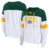 T-shirt Fanatics pour femmes, blanc/vert, Green Bay Packers, Even Match, à lacets, manches longues, col en V