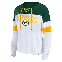 T-shirt Fanatics pour femmes, blanc/vert, Green Bay Packers, Even Match, à lacets, manches longues, col en V