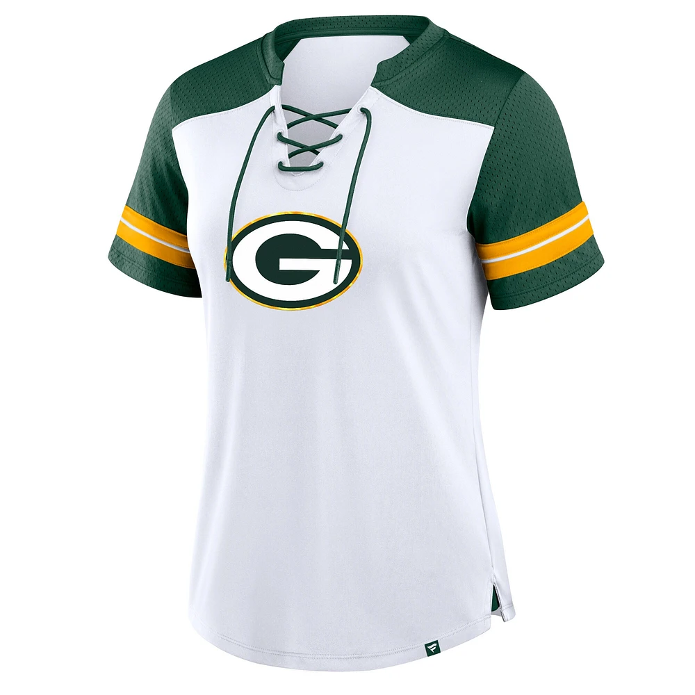 T-shirt à lacets primaire déjoué Fanatics pour femmes, blanc/vert, Green Bay Packers