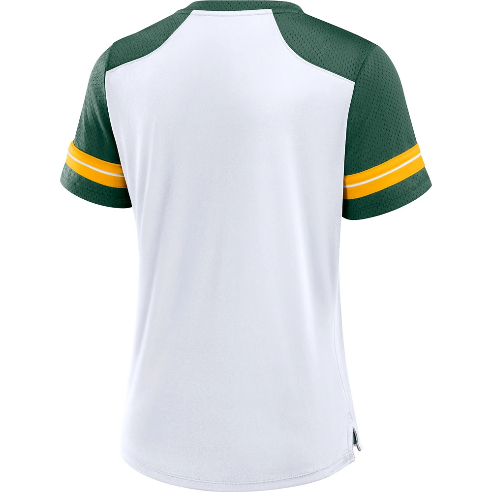 T-shirt à lacets primaire déjoué Fanatics pour femmes, blanc/vert, Green Bay Packers