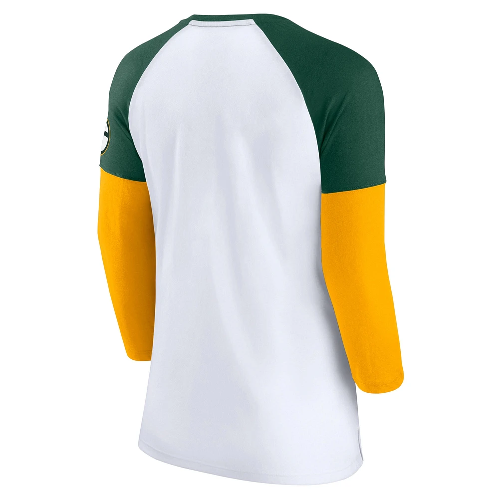 Women's Fanatics White/Green Green Bay Packers Iconic Colorblock Raglan Three-Quarter Sleeve T-Shirt