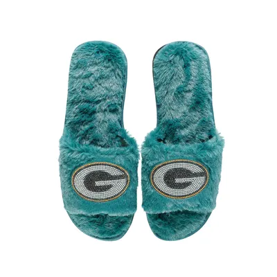 Green Bay Packers FOCO Women's Rhinestone Fuzzy Slippers