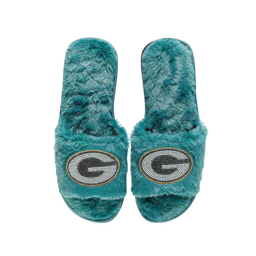 FOCO Green Bay Packers Pantoufles floues à strass pour femmes