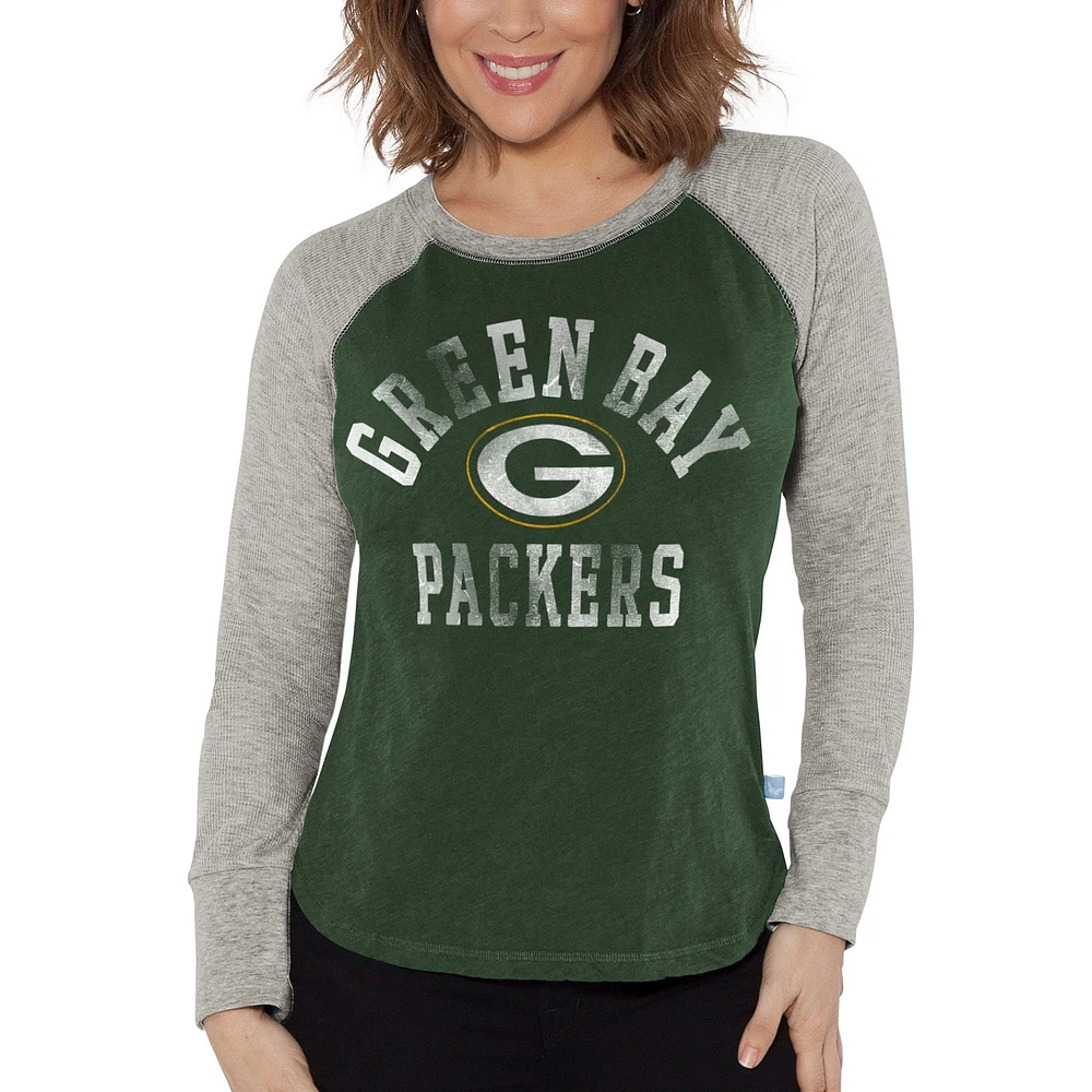 T-shirt à manches longues raglan en tricot gaufré G-III 4Her par Carl Banks pour femme, vert/gris chiné, des Green Bay Packers