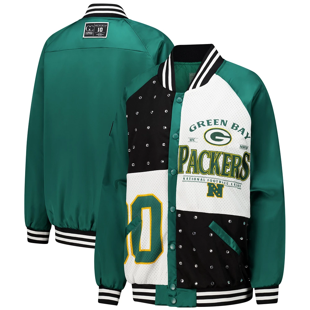 Veste bomber surdimensionnée à boutons-pression et strass pour femme Gameday Couture verte/blanche des Green Bay Packers