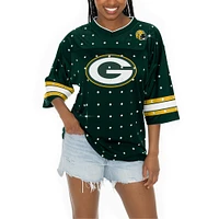 Women's Gameday Couture Green Bay Packers Kickoff Time Allover Rhinestone Sports Stripe Jersey V-Neck T-Shirt