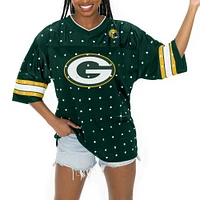 Women's Gameday Couture Green Bay Packers Kickoff Time Allover Rhinestone Sports Stripe Jersey V-Neck T-Shirt