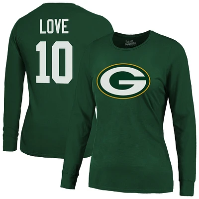 T-shirt à manches longues pour femme Majestic Threads Jordan Love Green Bay Packers avec nom et numéro