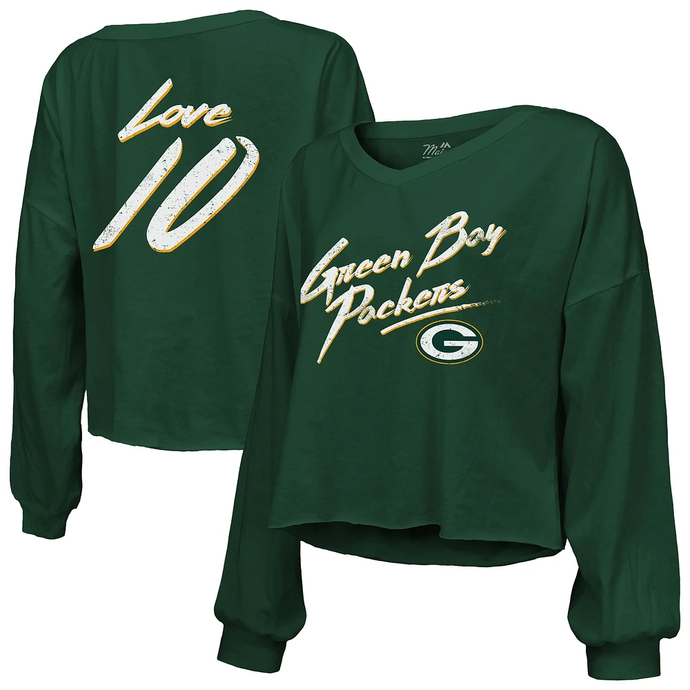 Women's Majestic Threads Jordan Love Green Bay Packers Name & Number Off-Shoulder Script Cropped Long Sleeve V-Neck T-Shirt