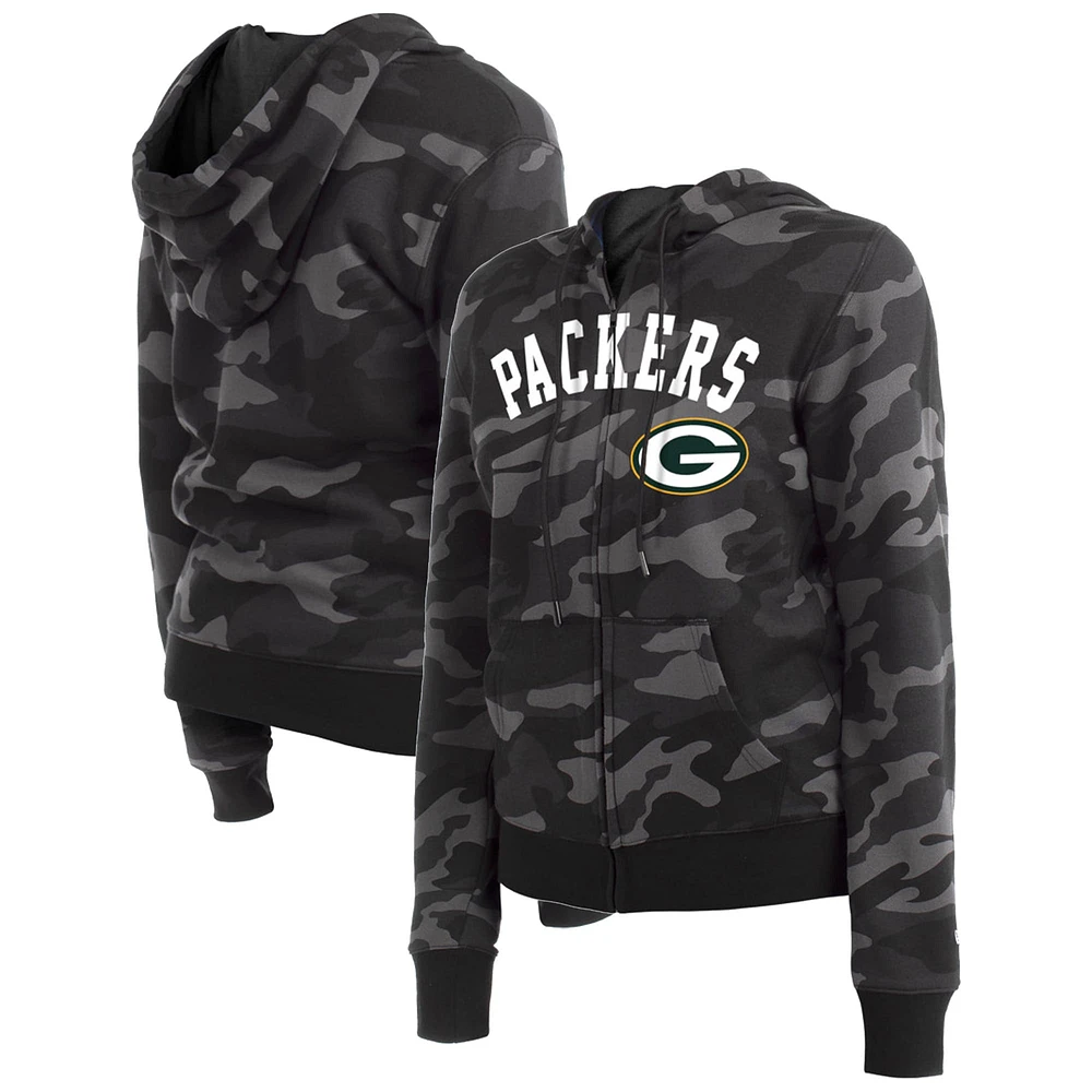 Sweat à capuche noir avec fermeture éclair et camouflage Green Bay Packers New Era pour femme