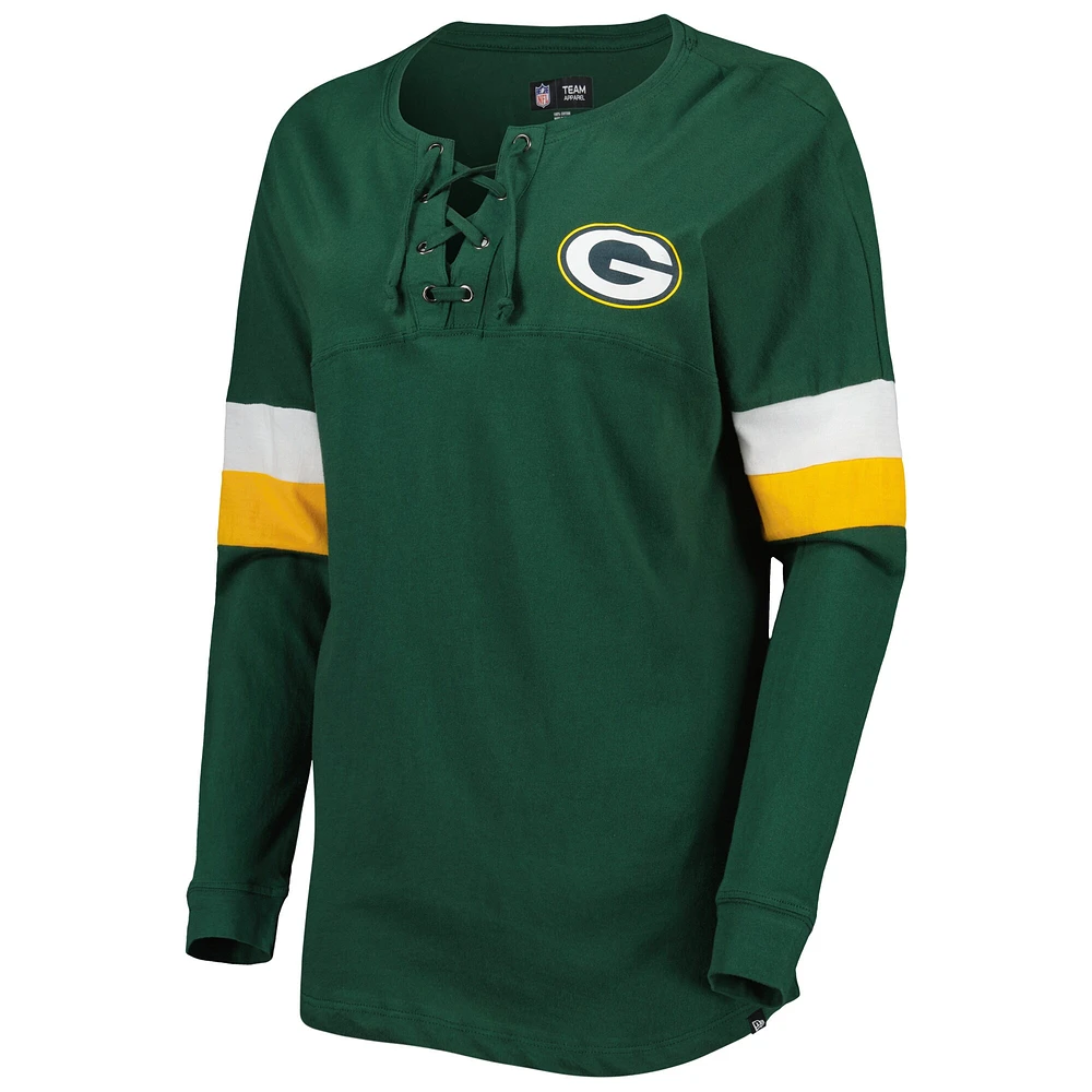 T-shirt à manches longues lacets pour femme New Era Green Bay Packers Athletic Varsity