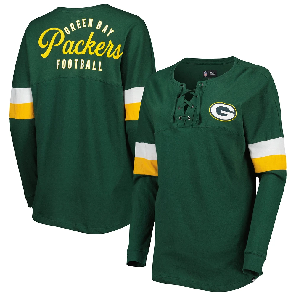 T-shirt à manches longues lacets pour femme New Era Green Bay Packers Athletic Varsity