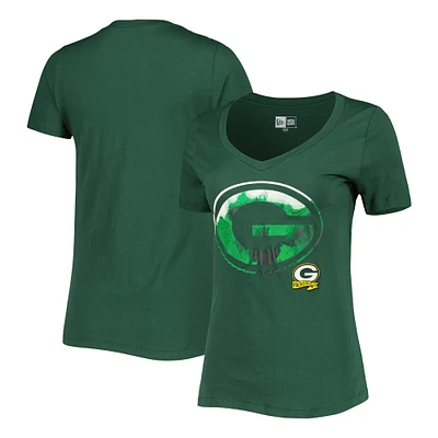 T-shirt vert à col en V pour femme Green Bay Packers Ink Dye Sideline New Era