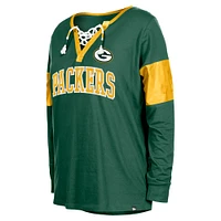 Women's New Era Green Bay Packers Lace-Up Notch-Neck Long Sleeve T-Shirt