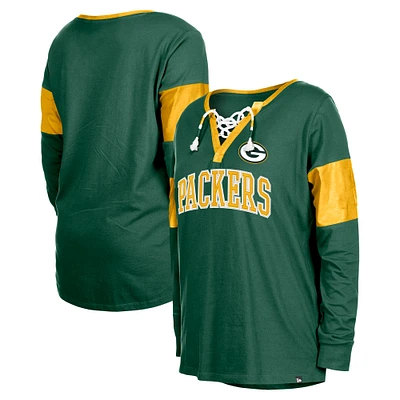 Women's New Era Green Bay Packers Lace-Up Notch-Neck Long Sleeve T-Shirt