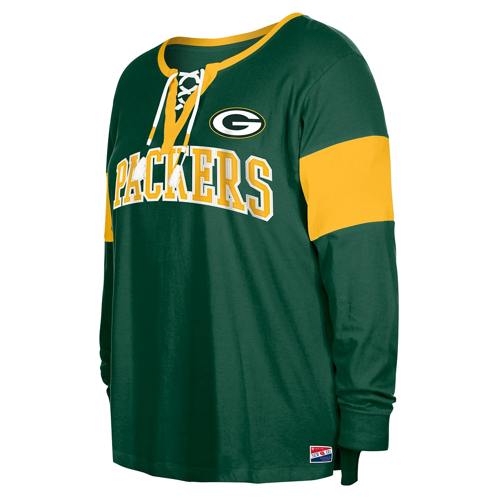 T-shirt à manches longues lacets et col cranté New Era pour femme, vert Green Bay Packers, grande taille