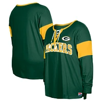 Women's New Era Green Bay Packers Plus Lace-Up Notch Neck Long Sleeve T-Shirt