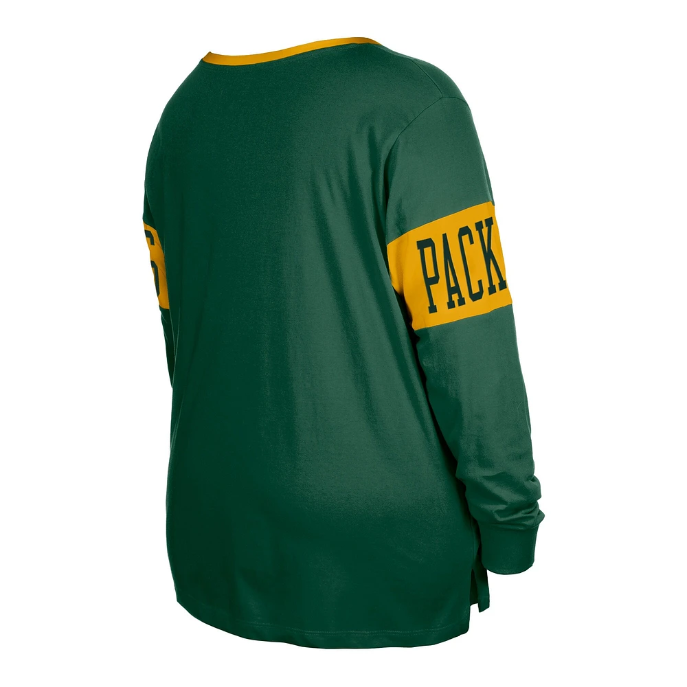 T-shirt à manches longues col cranté et lacets Green Bay Packers New Era pour femme, vert