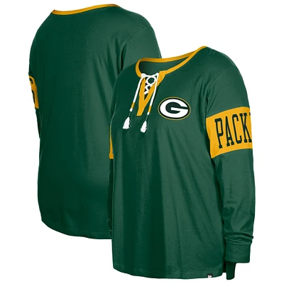 T-shirt à manches longues col cranté et lacets Green Bay Packers New Era pour femme, vert