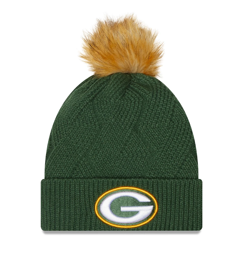 Bonnet en tricot à revers enneigé Green Bay Packers New Era pour femme avec pompon vert