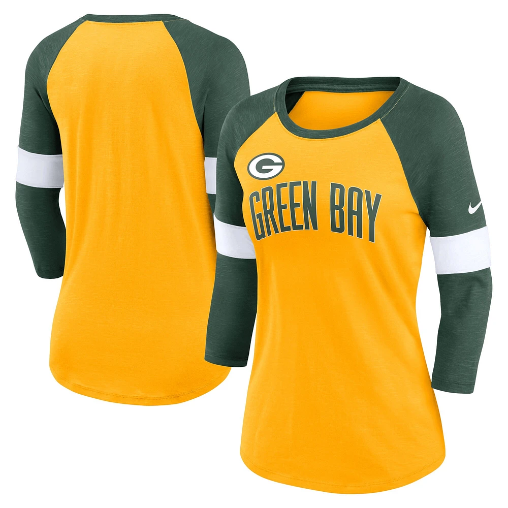 T-shirt à manches 3/4 raglan pour femme Nike Gold/Green Green Bay Packers Football Pride Slub