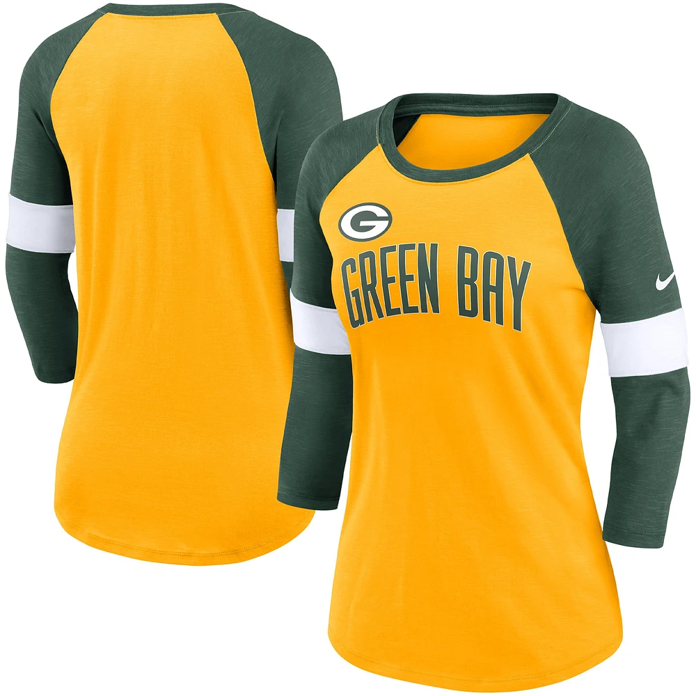 Women's Nike Green Bay Packers Heather Gold/Heather Football Pride Raglan 3/4-Sleeve T-Shirt