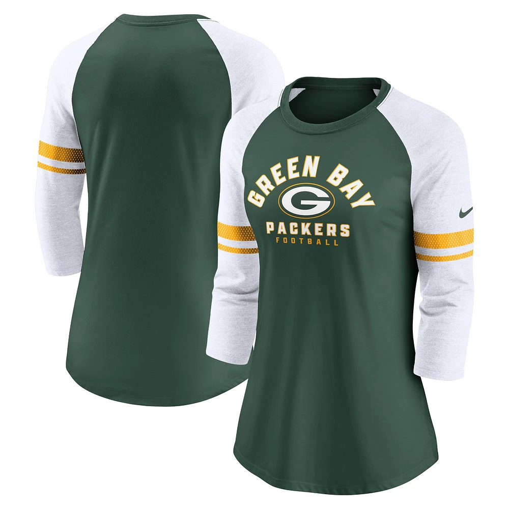 T-shirt raglan à manches 3/4 Nike Green Bay Packers pour femme, vert