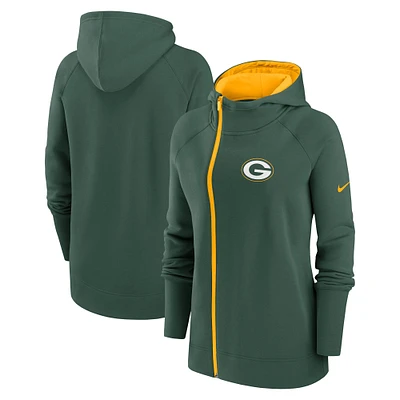 Sweat à capuche et zip intégral raglan asymétrique Nike Green Bay Packers pour femme, vert