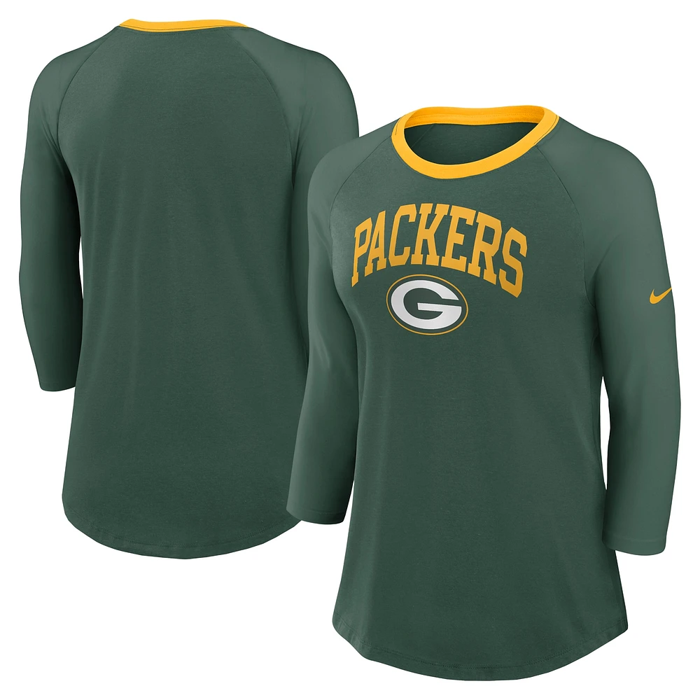 T-shirt raglan à manches 3/4 Nike Green Bay Packers pour femme