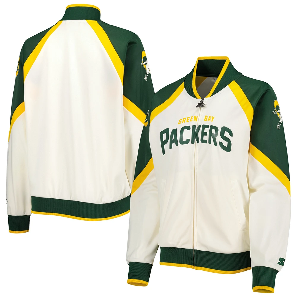 Women's Starter White/Green Green Bay Packers Overtime Raglan Full-Zip Track Jacket