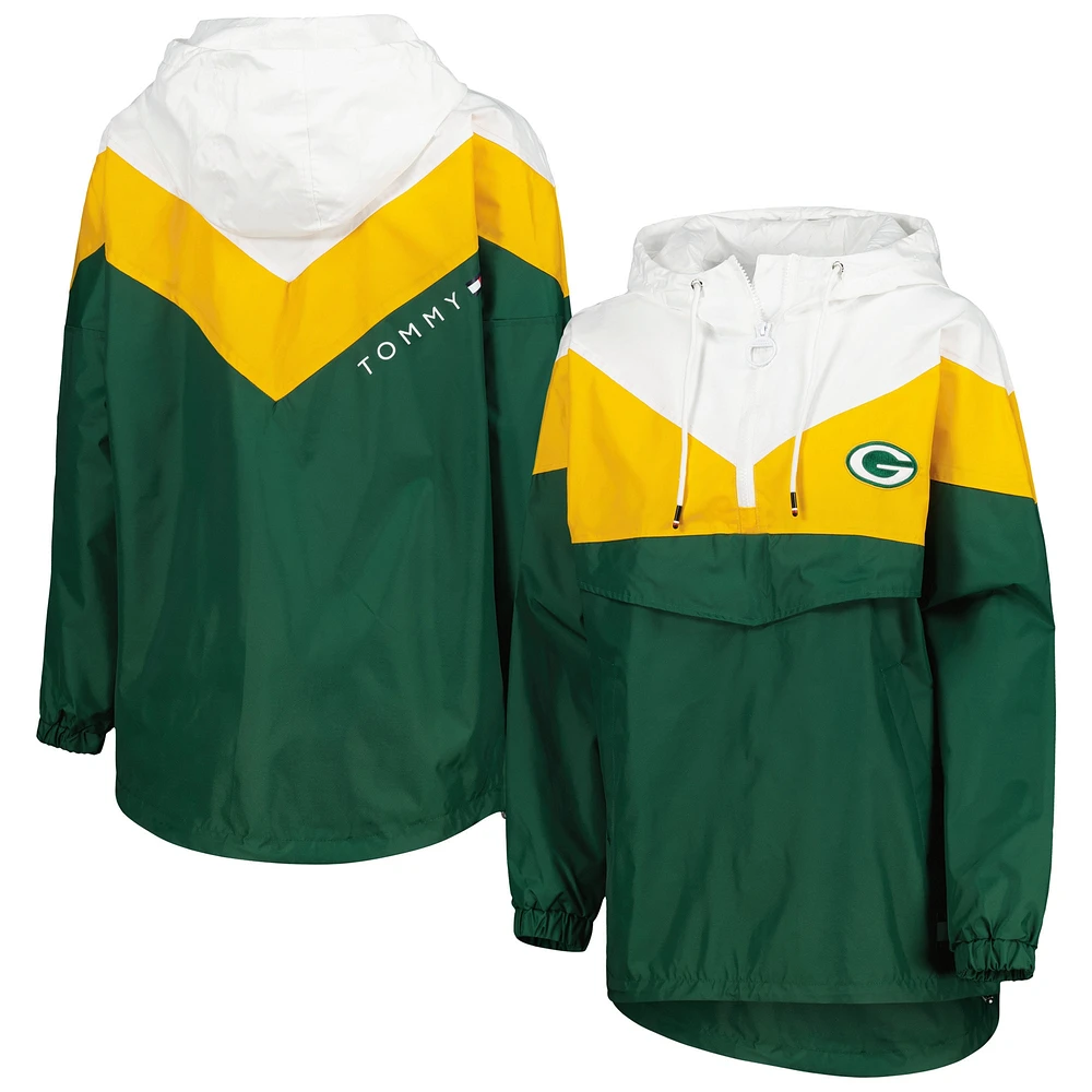 Tommy Hilfiger Femme Blanc/Or Green Bay Packers Staci Half-Zip Hoodie Windbreaker Jacket