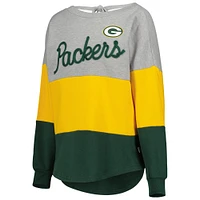 Women's Touch Heather Gray/Green Green Bay Packers Outfield Deep V-Back Waist Length Pullover Sweatshirt