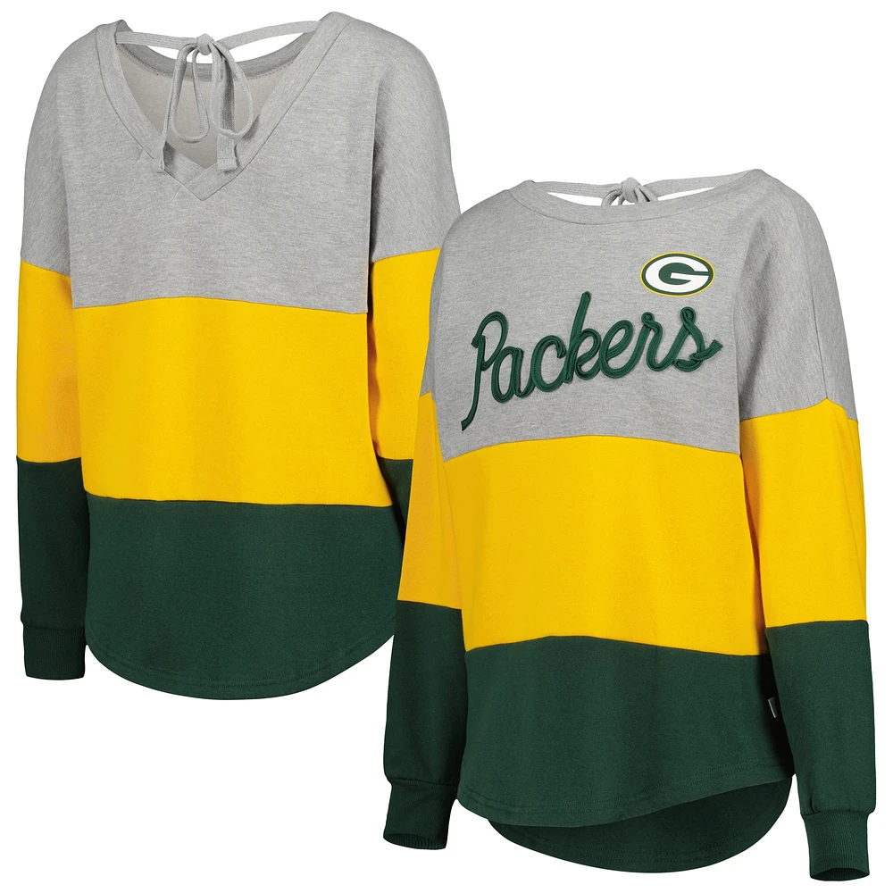 Women's Touch Heather Gray/Green Green Bay Packers Outfield Deep V-Back Waist Length Pullover Sweatshirt