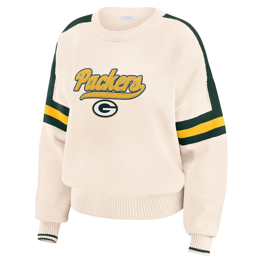 Women's WEAR by Erin Andrews  Cream Green Bay Packers Stripe Pullover Sweater