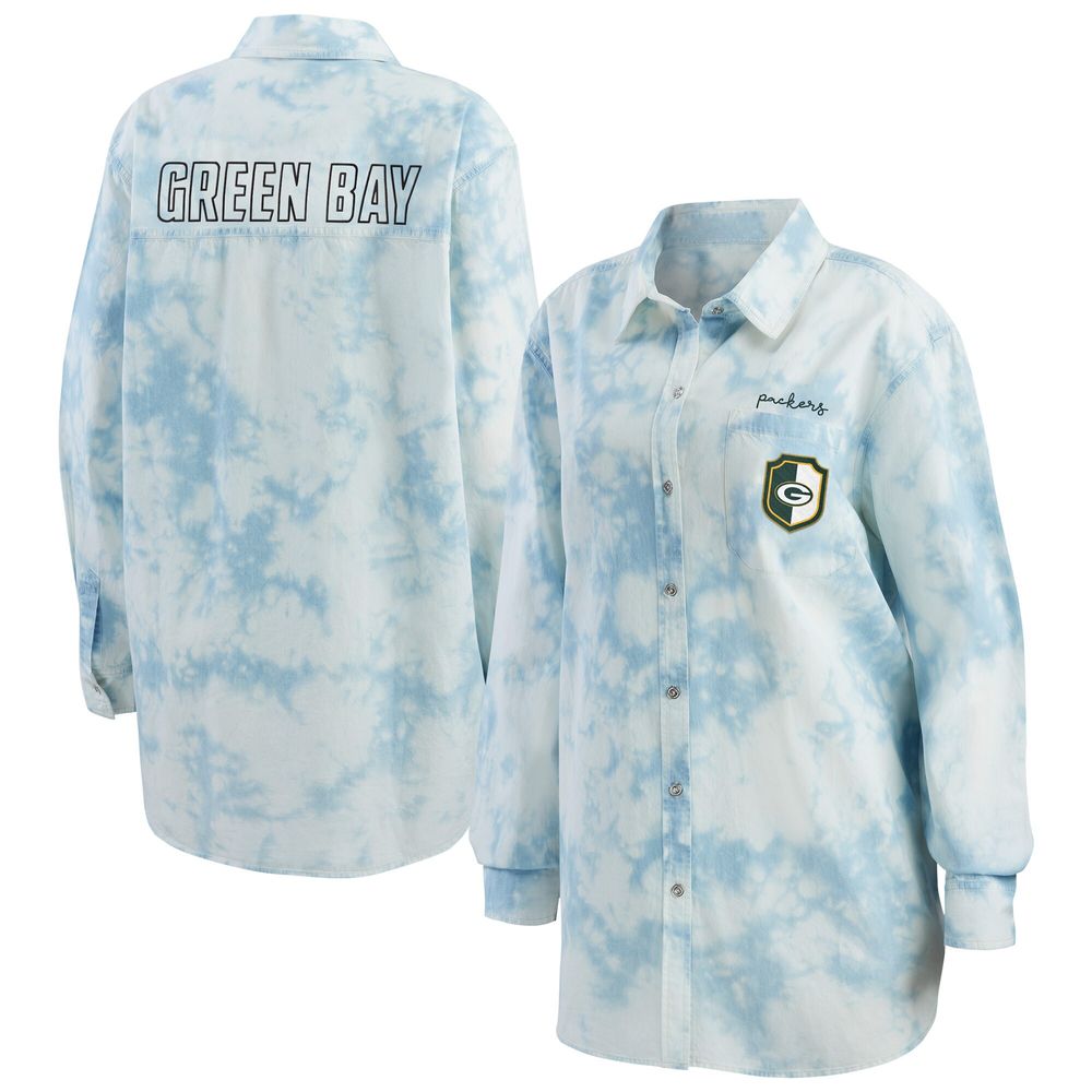 Women's WEAR by Erin Andrews Denim Green Bay Packers Chambray Acid-Washed Long Sleeve - Button-Up Shirt