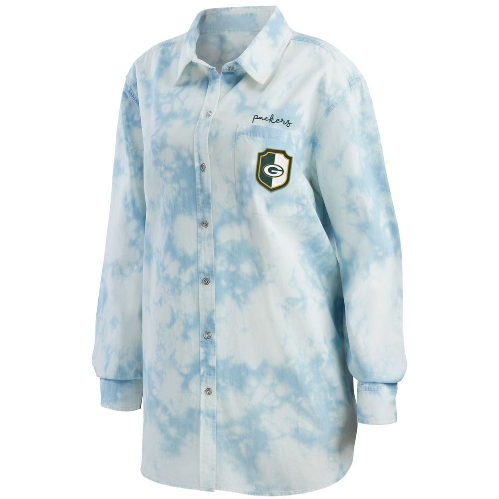 Women's WEAR by Erin Andrews Denim Green Bay Packers Chambray Acid-Washed Long Sleeve - Button-Up Shirt