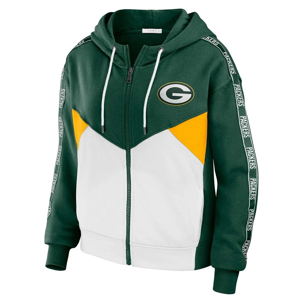 Sweat à capuche zippé blocs de couleurs grande taille vert/blanc Green Bay Packers pour femme par Erin Andrews