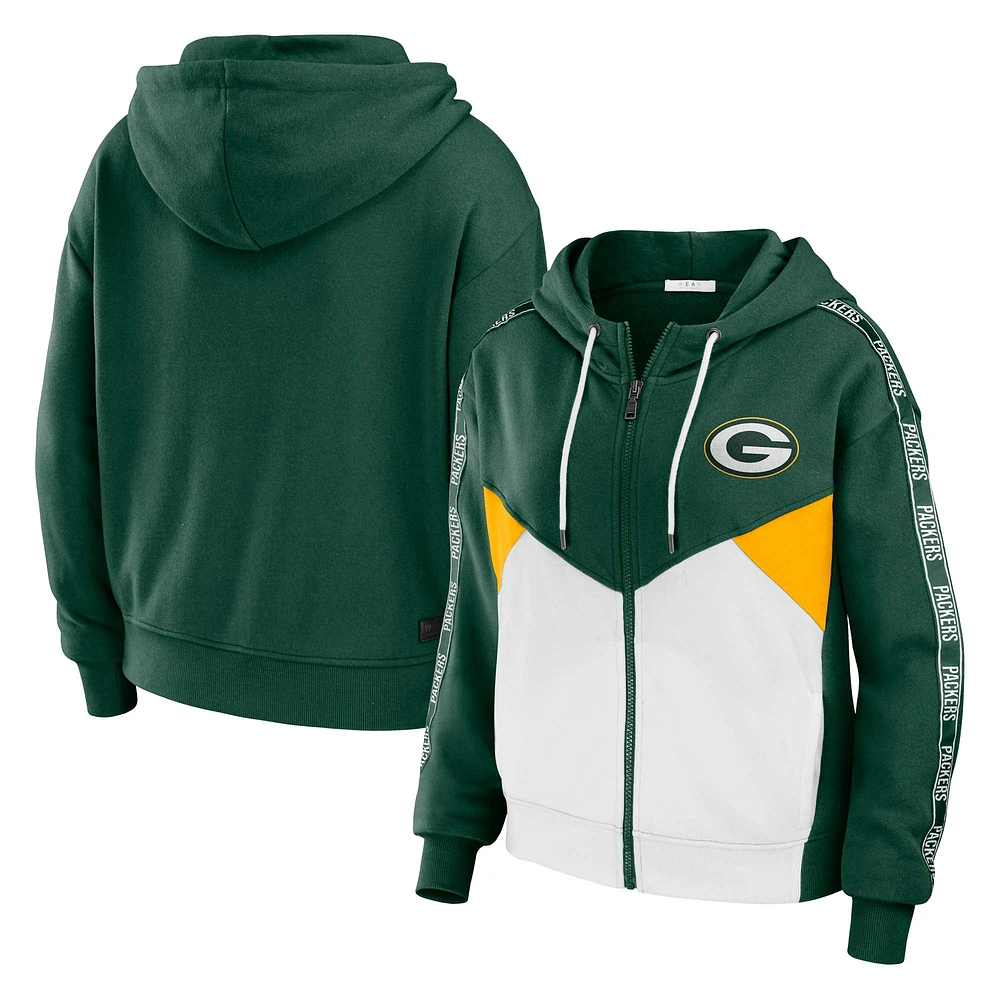 Sweat à capuche zippé blocs de couleurs grande taille vert/blanc Green Bay Packers pour femme par Erin Andrews