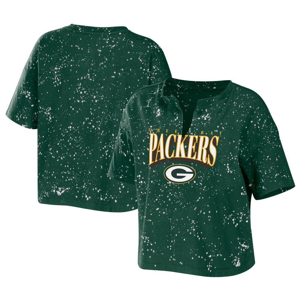 WEAR by Erin Andrews Women's WEAR by Erin Andrews Green Bay Packers Bleach  Wash Splatter Notch Neck Cropped T-Shirt